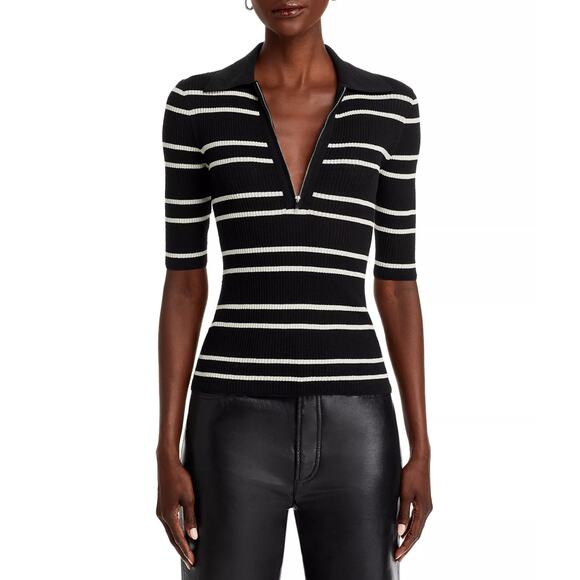 A.L.C. Cooper Top Black White Stripe Stretch Knit Polo Henley Zipper SZ S - Picture 1 of 7